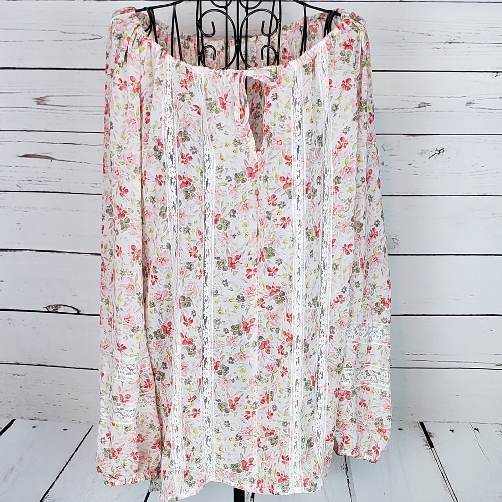LC Lauren Conrad Sheer Floral Top w/Crochet Detail